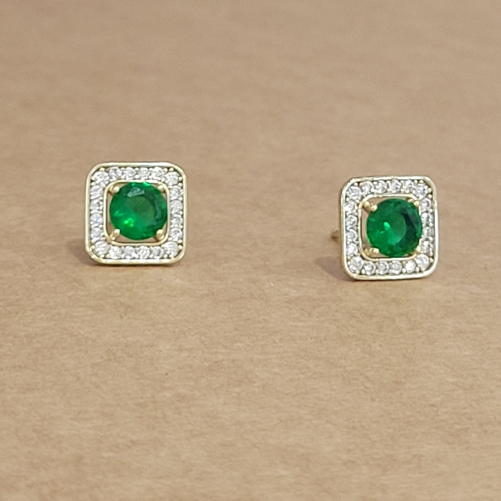 Square Earrings with Green Stones
